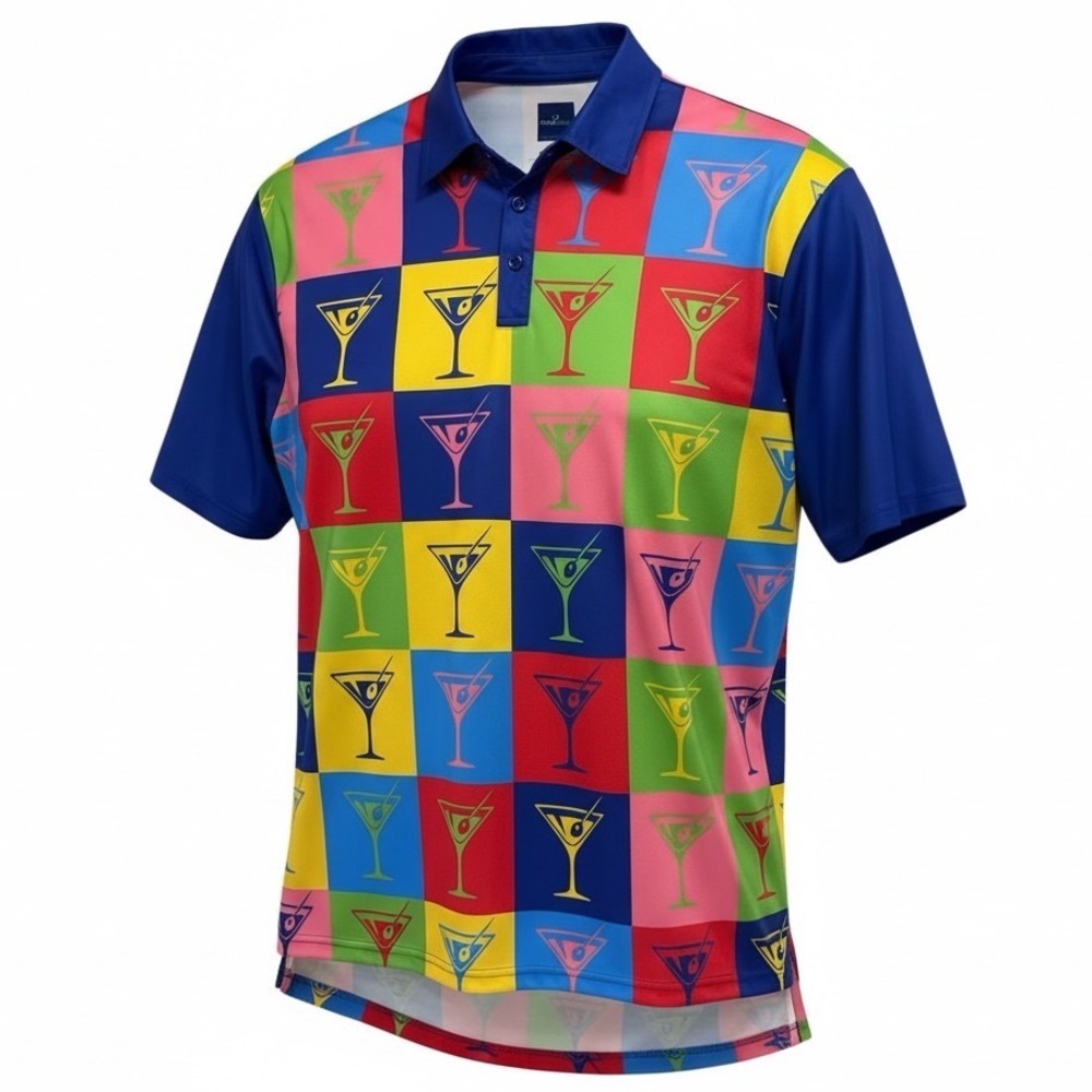 ReadyGOLF Mens 2XL Multicolored Martini Glass Checkerboard Golf Polo (Q44)